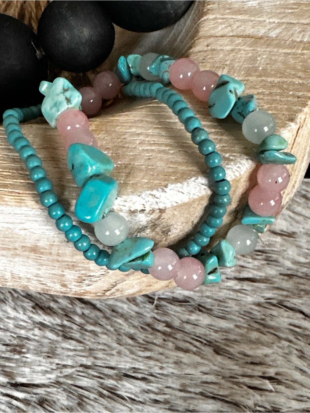 Handcrafted Turquoise & Pink Beaded Stretch Bracelet Set